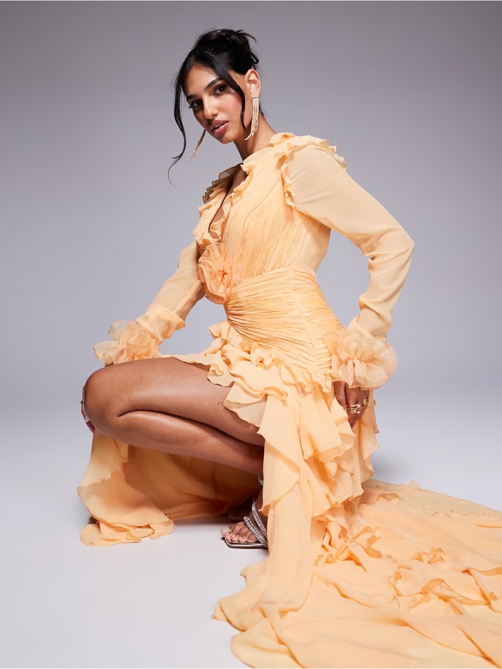Asos luxe organza long sleeve exaggerated maxi ruffle dress in apricot so 8